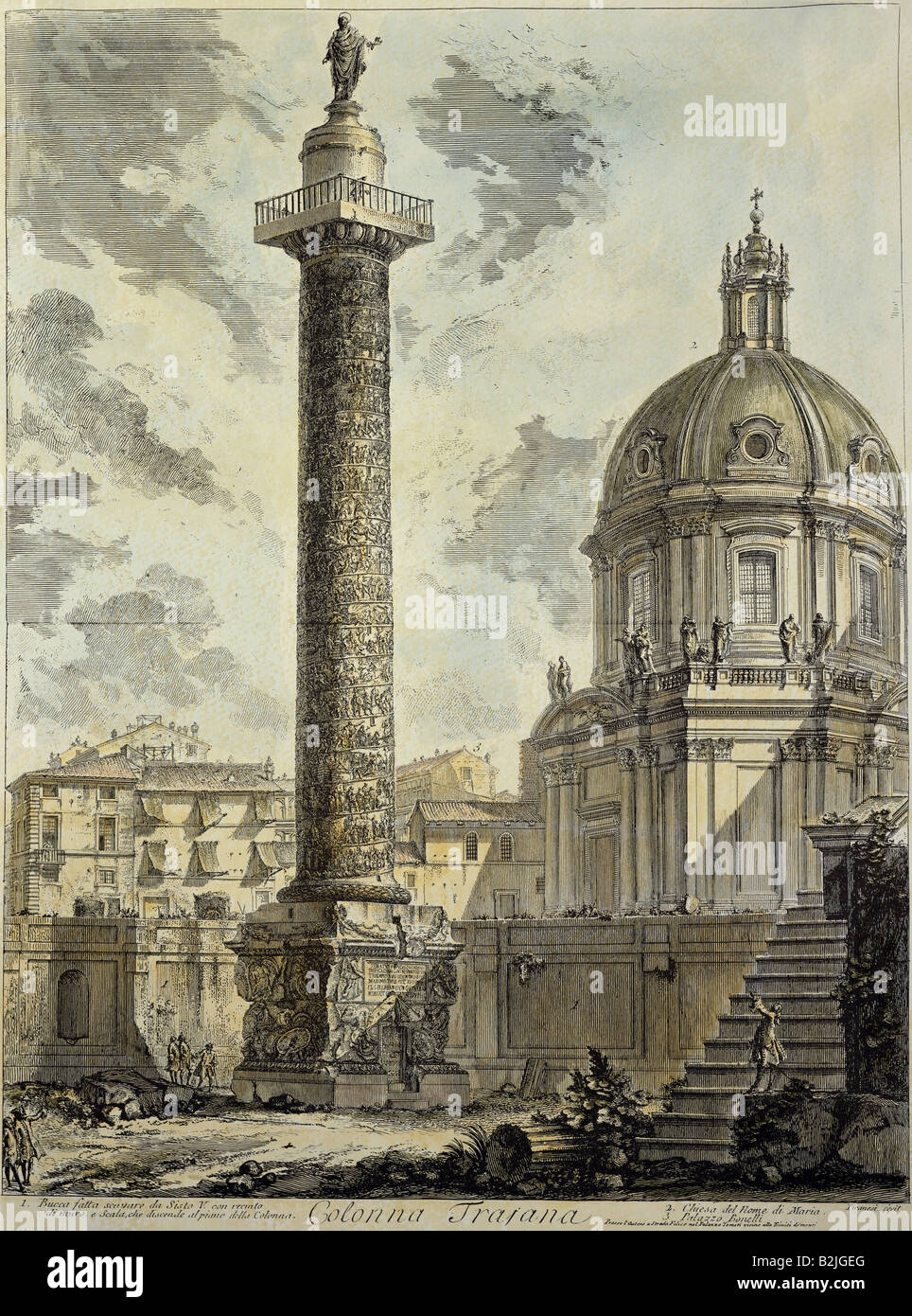 geography / travel, Italy, Rome, monuments, Trajan`s Column, copper engraving, coloured, by Giovanni Battista  Piranesi (1720 - 1778), from the series 'Vedute di Roma', Italy, 1773, Artist's Copyright has not to be cleared Stock Photo